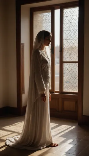 A full-bodied Iranian woman stands in a nearly empty, white-walled traditional room, with sunlight pouring in through carved wooden windows. She wears a long, semi-transparent chador-style wrap over nothing but her skin underneath. Her bare feet touch the cold mosaic tiles. The light silhouettes her shape through the fabric — elegant, powerful, unapologetically present. The atmosphere is quiet, almost spiritual, with focus on the holy weight of her physical presence.