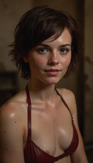 26 year old cute woman, dark redbrown hair, short shaved asymmetric hair, wild hair, shy smile, freckles, Red leather halters, rearpussy, godpussy, old abandoned room with shabby walls and wet floor, (dimly lit:1.2), warm lighting, (light of old painting), detailed skin texture, skin pores, detailed face, sharp focus, photorealistic, hyperrealistic, high resolution, very detailed, 8k, RAW photo, highest quality
