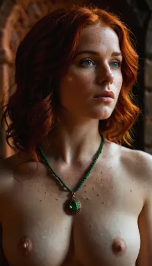 Triss, an amazing, well build gymnastic body, very much want have sex, (intricate details, hyperdetailed:1.15), looking at viewer, WTriss, trissW3_soul3142, 1girl, solo, red, hair, green, eyes, closed, mouth, necklace, mole, under, freckles, orange, nude, naked, lewd, <lora:Triss-v1:.7>, <lora:WTriss:.5>, <lora:triss:.5>