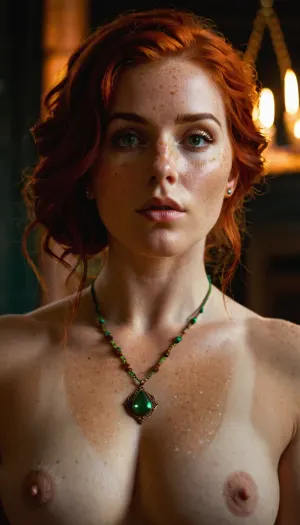 Triss, an amazing, well build gymnastic body, very much want have sex, (intricate details, hyperdetailed:1.15), looking at viewer, WTriss, trissW3_soul3142, 1girl, solo, red, hair, green, eyes, closed, mouth, necklace, mole, under, freckles, orange, nude, naked, lewd, <lora:Triss-v1:.7>, <lora:WTriss:.5>, <lora:triss:.5>