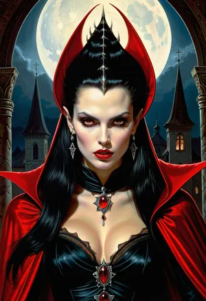 a woman Looks like a vampire queen, (((Dracula's daughter, two long sharp fangs))), an airbrush painting, by Luis Royo, michael whelan and karol bak, (((vampire queen with red eyes))), symmetrical epic fantasy art, art style hr giger and beksinski, fantasy skull, boris vallejo and tom bagshaw, cute face. dark fantasy, colorful, high detail, impeccable image quality, ultrarealism, Ivan, Bilibin, Style, page, <lora:Ivan Bilibin Style:.5>