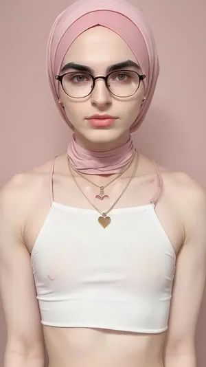 25 years old white man
- he is a crossdresser
- Mini-short with a visible bulge
- Slutty crop top on a flat masculine chest
- Round glasses
- Masculine chest
- Thick eyebrows
- Thick eyebrows
- Heavy pink makeup
- Pink collar
- Heart pendant
- It's a femboy
- androgynous
- brown hair
- very pale skin
- Wear a hijab

Backstory, White man that has been islamized and femenized by force and is forced to live as a muslim women
