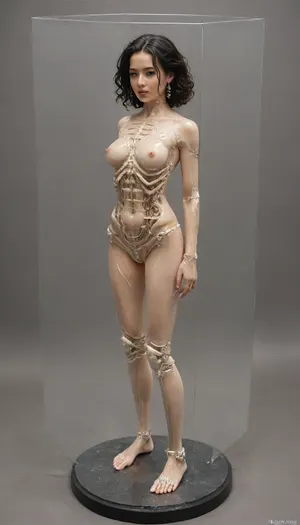 The black-haired oriental female AI robot, with a glass-like transparent body, clearly shows the structure of the internal fluorescent technology mechanical skeleton, parts, organs and equipment, introducing sex dolls and demonstrating them in the silicone doll factory, (full body photo), niohxlguardiansprt, ObsidianPlatinum, r4l1bps, woman, <lora:niohxlguardiansprt-step00000420:1.8>, <lora:293345_training_data:1.8>, <lora:Takato_Yamamoto_Style:2>, <lora:275493_training_data:1.3>, <lora:Rae Lil Black:2>