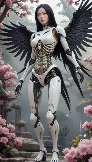 An oriental female AI robot with long black hair, whose glass-like transparent body clearly shows the structure of its internal fluorescent technology mechanical skeleton, parts, organs and equipment, is attacked by a giant crow in the flowers., (full body photo), niohxlguardiansprt, ObsidianPlatinum, jpn-girl, <lora:niohxlguardiansprt-step00000420:2>, <lora:293345_training_data:1.3>, <lora:Takato_Yamamoto_Style:2>, <lora:japanese_girl_v1.1:2>