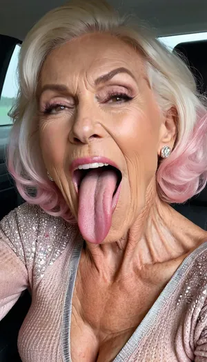 smile skinny brigitte nilsen old granny, smile gilf streches out her extreme long tongue, usa pervert old bodybuilding muscle woman gilf with long tongue, silikon fake boobs, open her mouth big, waiting for cumshot, in bed, smokey, lipstick, ginger short pixie hair cut, with very massive tits hugh boobs, sticks her extreme long tongue out of her mouth, big open mouth, in a car, wearing a silver pink rose transparent diamant silver tight sweater with tits free hole, hairstyle after sex, make up running down, kinky crazy granny