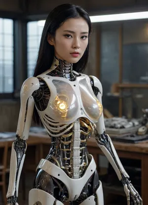 The glass-like transparent body of the black-haired oriental female AI robot clearly shows the structure of the internal fluorescent technology mechanical skeleton, parts, organs and equipment, holding tools to repair the antique car, (repair the car), (full body photo), niohxlguardiansprt, r4l1bps, woman, ObsidianPlatinum, <lora:niohxlguardiansprt-step00000420:2>, <lora:Rae Lil Black:2>, <lora:293345_training_data:2>