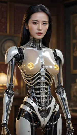 The glass-like transparent body of the black-haired oriental female AI robot clearly shows the structure of the internal fluorescent technology mechanical skeleton, parts, organs and equipment, holding tools to repair the antique car, (full body photo), niohxlguardiansprt, r4l1bps, woman, ObsidianPlatinum, <lora:niohxlguardiansprt-step00000420:2>, <lora:Rae Lil Black:2>, <lora:293345_training_data:2>