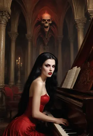 a woman Looks like a vampire queen, (((Playing the piano)), ((in the castle)), (((Dracula's daughter, two long sharp fangs))), an airbrush painting, by Luis Royo, michael whelan and karol bak, (((vampire queen with red eyes))), symmetrical epic fantasy art, art style hr giger and beksinski, fantasy skull, boris vallejo and tom bagshaw, cute face. dark fantasy, colorful, high detail, impeccable image quality, ultrarealism, Ivan, Bilibin, Style, page, <lora:Ivan Bilibin Style:.5>)