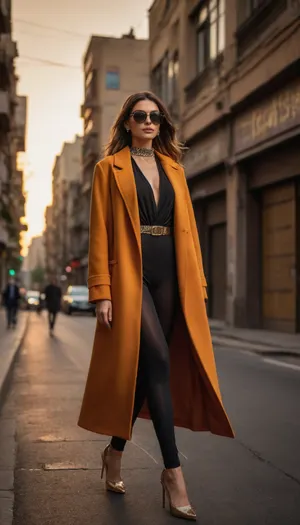 A stylish Iranian fashion model girl walking confidently through the streets of Tehran. The model wears a luxurious, urban sheer leggings outfit — a designer oversized coat, sleek sunglasses, chunky high heels, and gold accessories. The background shows a vibrant Tehran street scene with local architecture, Persian signs, and urban textures. Golden hour lighting casts warm tones, giving the scene a cinematic, high-fashion editorial feel.