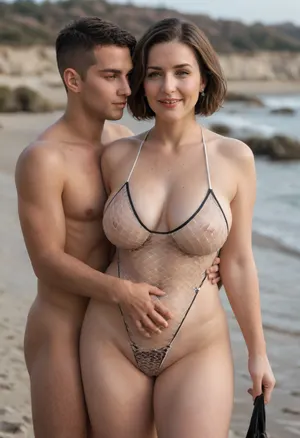 A souvenir photo, (((a skinny naked 20-year-old loser cuckold black boy cum in their black chastity and fishnet short))), ((a super sexy 45 year old white MILF mistress plump curvy mother with brown bobcut hair and a tall, chubby body in sheer swimsuit)), on the beach party, woman is happy, femdom mom, mistress mom, QOS, nice legs, completely, nude, NSFW