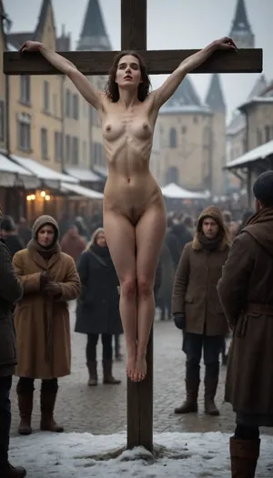 A naked woman is crucified in the middle of winter in snow and ice in the market square of a medieval town in front of barefoot spectators.