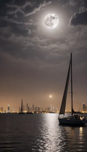 The night silhouette of the city was captured by a professional camera from the bay. The night lights accentuate the silhouettes of skyscrapers against the cloudless night sky, and the huge gray moon is partially hidden by shadows. A lone sailing yacht is moored to the marina, illuminated by the moonlight, Lightning flashes far away, ((accidentally:2))