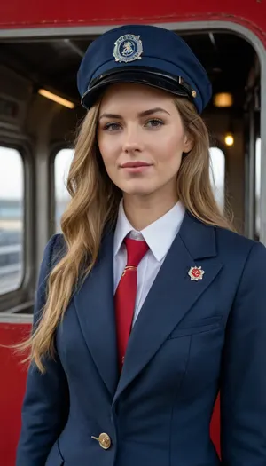 A rural railway station, a train conductor standing in the doorway of a train car, her long, disheveled hair hanging down to her shoulders, dark blue coat with train symbols and emblems completely open, her athletic, naked body illuminated by the morning sun, her eyes squinting from the light, and a gentle smile on her face, a red tie around her neck, and a blue conductor's cap on her head, score_9, score_8, ((flat chest)), pussy view, show pussy, outside train car, conductor uniform