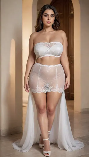 full body image, Persian whore wife, iranian slutwife, plus size, curvy, super busty.
Full-length photo of a bride in a seductive wedding gown featuring a thin, transparent tube-top bodice made from sheer silk fabric. The skirt is entirely made of delicate, see-through lace with a silky underlayer. She pairs the look with shimmering white stockings and white high heels, evoking a dreamy and elegant bridal aesthetic., diaphanous, dress, lace, bandeau, top, <lora:xl_diaphanous_dress-1.0:.8>, <lora:BT_Lace_Bandeau_Top_XL:.8>, <lora:milkers_v2:1.1>