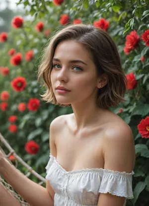 A young, light-skinned woman, likely in her late teens or early twenties, is positioned mid-frame, slightly off-center towards the left, small breasts, no clothes, Her hair is shoulder-length, light brown and styled in a short bob. Her expression is pleasant and approachable, with light makeup. She appears to be of a slender build. She is sitting outdoors, with a background of a white fence, a cluster of vibrant red flowers, and green foliage. Some part of a woven hammock is visible in the background, to the right. The lighting is bright and natural, casting no significant shadows. The overall style is casual and evocative of a summer day. The composition is relatively close and focuses on the subject, with the background softly blurred. The color palette is light and bright, primarily dominated by blues, reds, and whites. The overall atmosphere is cheerful and relaxed.