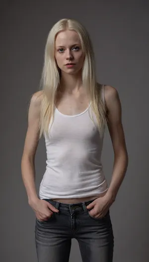 A RAW photo of a petite Scandinavian woman, 35 y.o., albino, very skinny, ((black eyes)), long wild hair, plain white tank top, low cut jeans, light grey hue background, 4K, 8K UHD, hyper-photorealistic, ultra-realistic