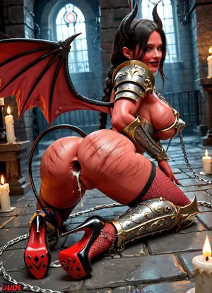 Best quality, masterpiece, UHD, 4K, dungeon background, chains on the walls, demonic dildos on the ground, candles, cultic interior, one female succubus, black succubus tail, hourglass body, black demonic wings, showing ass, (whip marks on ass:1.1), wearing fishnets stockings, (demonic armored heels:1.2), (demonic breast armor:1.2), no panties, (gaping asshole:1.2), cum on asshole, chain hanging out of asshole, feminine face, long black braided hair, (red skin tone:1.2), beautiful face, demon look, red eyes, horns, big teardrop shaped tits, big round ass, perfect shaped buttcheeks, wide hips, hipdips, 4ng3l, face, <lora:add-detail-xl:.8>, <lora:SDXL_BetterFaces-LoRA_v1:.8>