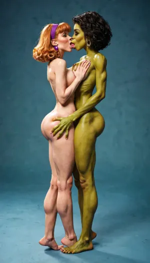 side view, full body shot, Daphne from scooby doo naked foot, Daphne much bigger than the ugly gremlin, (daphne bkake got long legs:1.2), happy, horny, cave background, pale skin, full naked body, pubic hair, scrawny green ugly gremlin groping Daphne and squeezing his face between her ass, rimming, ugly gremlin with his face pressing in her ass, feet, (gremlin is sucking her ass:1.2), ugly gremlin with big erection penis, extremely realistic, (gremlin size:1.2), Daphne taller and bigger, ugly gremlin monster groping her