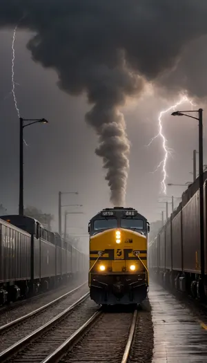 A freight train sorting station, the autumn grayness of drizzling rain, a dark sky full of black clouds, and a dim lantern barely illuminating the freight cars, smoke from exhaust, Lightning flashes far away, ((accidentally:2))