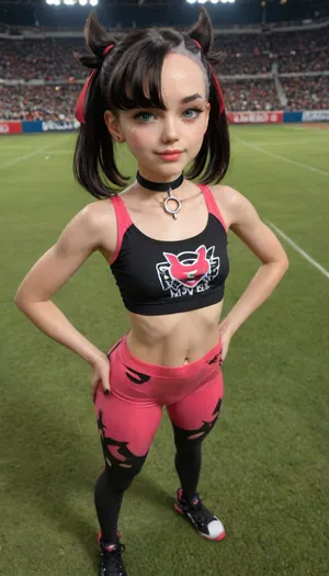 UHD, HDR, 4K, (Marnie from pokemon, marnie cosplay), pokemon stadium, lightshow background, very petite, very wide thigh gap, (tight spandex pants, pink and black colour), (very tight spandex crop top, (falat chest:2), pink and black colour), (short black hair, low twintails), pink hair ribbon, (big green Disney eyes, detailed large green eyes), detailed choker, tight toned stomach, naval piercing, black sneakers, full body, very excited happy pose, high angle, marnie_\, (pokemon\), <lora:marnie_(pokemon):.8>