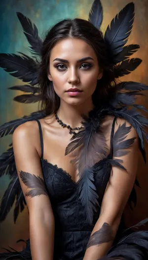 fullbody, A double-exposure illustration in which a woman face is overlaid with raven feathers, blending human features with skin elements. she sits, #©KITTYART



































#©KITTYART