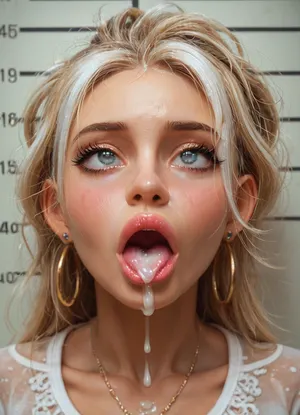 (Strongbana art style), 1girl, MILF, bimbo, whore, slut, slutty face, blond hair, hair is tied in a bun, lush hair, pink lipstick, large lips, duck lips, perfect face, detailed, ahegao, (rolling eyes), tongue, excessive cum, mugshot, front view, cum on hair, clothed, white highlights, orgasmface, <lora:MJ52:1>, <lora:orgasmface_SDXL:.8>