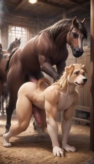 Dog having sex with horse, anthro male dog having sex with a horse, bent over under horse, giant horse cock, canine penis