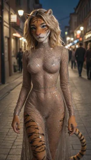 (anthro tiger girl:2), The beautiful Latvian blonde went out on the, (street at night:1.3), wearing a, (long-sleeved fishnet dress:1.5)