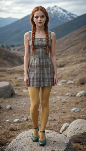 Pencil drawing of a thoughtful, very beautiful girl Aisha, a red-haired Scottish woman with long braids and bangs, standing on a rock in the mountains. A short plaid dress, mostly blue and yellow. beige tights and bright green high-heeled shoes. mountains all around. the first flowers of spring. beige has clear details.photorealism, sensual frame. drawing with a thin pen.