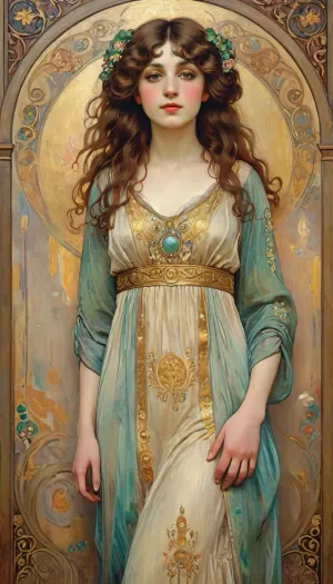 a beautiful woman oil painted in the style of Gustav Klimt, art nouveau painting, intricate golden patterns, decorative mosaic background, flowing wavy hair, elegant pose, soft pastel colors with gold accents, stylized ornamental details on dress and background, serene expression, harmonious composition, fine brush strokes, artistic and romantic atmosphere, modest clothing, rich textures, inspired by Klimt's portraits, style, of, Alphonse, Mucha, NEGATIVE_HANDS, <lora:tbh200-sdxl:.8>, <lora:Klimt_x_Picasso__Amalgamation_Style_SDXL:.8>