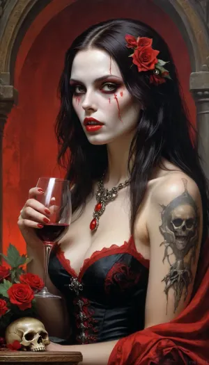 Art Nouveau style, ((Art Nouveau ornament of skulls, flowers, spiders)), a woman Looks like a vampire queen, ((((drinks wine)))), (((Dracula's daughter, two long sharp fangs))), an airbrush painting, by Luis Royo, michael whelan and karol bak, (((vampire queen with red eyes))), asymmetrical Nouveau epic fantasy art, art style hr giger and beksinski, fantasy skull, boris vallejo and tom bagshaw, cute face. dark fantasy, colorful, high detail, impeccable image quality, ultrarealism, Ivan, Bilibin, page, Art, Nouveau, Style, novuschroma, style, <lora:Ivan Bilibin Style:.5>, <lora:158617_training_data:1.3>, <lora:124_novuschromaSXL_a4:1.3>
