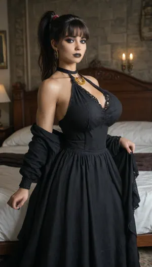 ((18-year-old brunette aztec woman:1.6), (black lipstick, black eyeshadow), (ponytail with bangs:1.6)), (big breasts:1.6), (halter neck Edwardian dress:1.6), (posing like erotica model:1.6), (bushy pubic hair), (gothic bedroom:1.6), (at midnight:1.6), sweaty skin, toned, full-length photo, 70mm lens, aesthetic, symmetrical, muscular, athletic, sharp, textured skin, perfect body, goosebumps, detailed, slim, small waist, <lora:chest_adjust:1.8>, <lora:breasts_slider_v10:1.8>, <lora:289505_training_data:1>, <lora:HandFineTuning_XL:1.8>