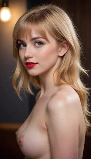 ziprealism, (nude study of a stunning young woman, perfect eyes:1.3), (feminine beauty in profile, medium full shot, cowboy shot:1.2), (adorable girlfriend, sense of vulnerability, intimate esthetic, soft shy smile, bashful pose, relaxed posture:1.5), (flawless skin, pale alabaster skin, bright red lipstick, pale nipples), (strawberry-blonde hair, thick hair, bangs haircut:1.4), minimalist composition, sharp focus on eyes, subtle makeup details, textured dark charcoal grey studio background, subtle vignette, (dramatic cinematic lighting:1.2), strong key light illuminating the face, soft rim light creating separation, deep contrasting shadows, shot on Sony A7R IV with 85mm f/1.4 lens, shallow depth of field, bokeh background, professional color grading, RAW photo quality, striking visual contrast