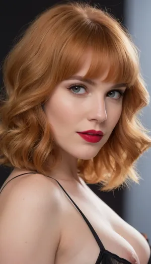 ziprealism, (avant-garde fashion esthetic, lingerie model, elegant bra, stunning sensuality, perfect eyes:1.2), (shot in profile, low angle), (sense of vulnerability, intimate esthetic, soft shy smile, bashful pose:1.5), (flawless skin, pale alabaster skin, bright red lipstick), (strawberry-blonde hair, thick hair, bangs haircut, short cut hair, hair framing delicate face:1.4), minimalist composition, subtle makeup details, textured dark charcoal grey studio background, subtle vignette, (dramatic cinematic lighting), strong key light illuminating the face, shallow depth of field, bokeh background, professional color grading, RAW photo quality, striking visual contrast