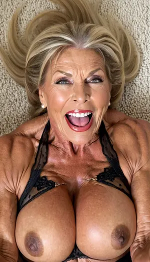 big open mouth, granny lies on her back on a carpet, Marina Beaulieu muscular legs gilf, wearing black pearl lingerie, heavy massive old milf, brunette ponytail with long hair bangs hair, vulgar and bigger silicon lips, white teeth, close up massive round boobs, lipstick, extreme make up, hard muscle stiration, close up massive hard muscle body, crying Marina Beaulieu, moans by orgasm, very big hanging round massive boobs, bodybuilding massive legs very muscle stiration, gilf wrinkle face, hardcore sex, close up feet, lies on her back, open mouth, have a extremly big orgasm, silicon lips mouth, whore kinky gilf, moans intensiv happy with far open mouth, smile, granny lies on the floor, bigger open her mouth