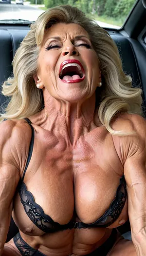 big open mouth, granny lies on her back in a car, naked, Marina Beaulieu muscular legs gilf, closing her eyes, wearing black pearl lingerie, heavy massive old milf, brunette ponytail with long hair bangs hair, vulgar and bigger silicon lips, white teeth, close up massive round boobs, lipstick, extreme make up, hard muscle stiration, close up massive hard muscle body, crying Marina Beaulieu, moans by orgasm, very big hanging round massive boobs, bodybuilding massive legs very muscle stiration, gilf wrinkle face, hardcore sex, close up feet, lies on her back, open mouth, have a extremly big orgasm, silicon lips mouth, whore kinky gilf, moans intensiv happy with far open mouth, crying, granny lies on the floor, bigger open her mouth