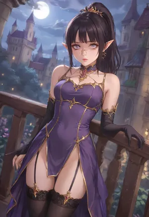 Cute Girl, elf, standing on castle balcony, night, front view, wide angle, bright vivid colors, (evil facial expression:1.3), light makeup, cute medium breasts, black hair, (hair in ponytail), nose chain piercing, partially clothed, (long black stockings:1.3), long black opera gloves, golden tiara with two long golden horns, (extremely detailed dark purple dress with gold trim:1.2), (long dress:1.3), cute petite body, cute bubble butt, cute muscular thighs, (light white eyes), ((large iris)), (perfect big eyes), perfect face, (large full beautiful lips:1.6), <lora:outline_xl_kohaku_delta_spv5x:1.3>, <lora:NEOTOKIOXL_0.2_RC:.7>, <lora:Ppolar-P3v1-NbVp10:.7>, <lora:one breast out XL:2>, <lora:cartoon_stickers_xl_v1:.5>