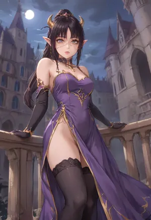 Cute Girl, elf, standing on castle balcony, night, front view, wide angle, bright vivid colors, (evil facial expression:1.3), light makeup, cute medium breasts, black hair, (hair in ponytail), nose chain piercing, partially clothed, (long black stockings:1.3), long black opera gloves, golden tiara with two long golden horns, (extremely detailed dark purple dress with gold trim:1.2), (long dress:1.3), cute petite body, cute bubble butt, cute muscular thighs, (light white eyes), ((large iris)), (perfect big eyes), perfect face, (large full beautiful lips:1.6), <lora:outline_xl_kohaku_delta_spv5x:1.3>, <lora:NEOTOKIOXL_0.2_RC:.7>, <lora:Ppolar-P3v1-NbVp10:.7>, <lora:one breast out XL:2>, <lora:cartoon_stickers_xl_v1:.5>