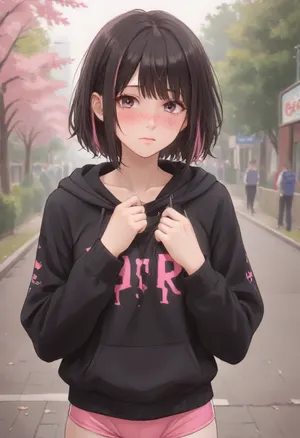 1 girl, 40 years old, black hoodies, black hair with pink streak, shirt, sport short, freckles, legwear, hands on hoodies, blush, in park, <lora:outline_xl_kohaku_delta_spv5x:1.3>, <lora:NEOTOKIOXL_0.2_RC:.7>, <lora:Ppolar-P3v1-NbVp10:.7>, <lora:one breast out XL:2>, <lora:cartoon_stickers_xl_v1:.5>