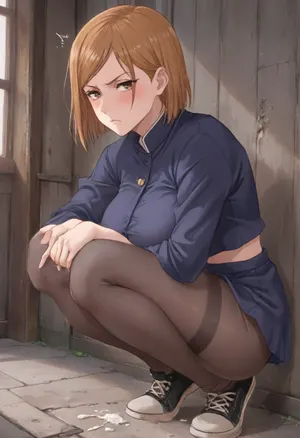 nobara kugisaki squatting and sucking dick, nobara wearing jujutsu kaisen uniform, nobara wearing brown see through leggings, nobara wearing black converse high tops, big breasts, big ass, thick thighs, fit body, annoyed expression, (full body shot), cum dripping on ground, <lora:outline_xl_kohaku_delta_spv5x:1.3>, <lora:NEOTOKIOXL_0.2_RC:.7>, <lora:Ppolar-P3v1-NbVp10:.7>, <lora:one breast out XL:2>, <lora:cartoon_stickers_xl_v1:.5>