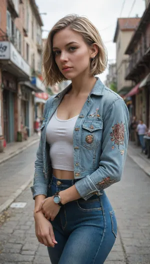 score_9, score_8_up, score_7_up, 1girl, ultra HD image of realistic human figure, bob cut, ivory skin, athletic hips, denim jacket, watch, building model, hyperdetailed, light shafts, print quality, <lora:add-detail-xl:.8>, <lora:xl_more_art-full_v1:.5>