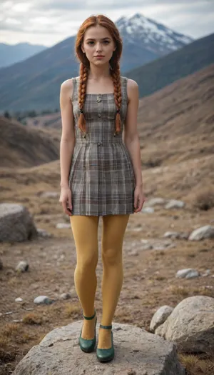 Pencil drawing of a thoughtful, very beautiful girl Aisha, a red-haired Scottish woman with long braids and bangs, standing on a rock in the mountains. A short plaid dress, mostly blue and yellow. beige tights and bright green high-heeled shoes. mountains all around. the first flowers of spring. beige has clear details.photorealism, sensual frame. drawing with a thin pen.