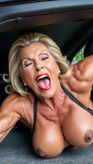big open mouth, granny lies on her back in a car, naked, Marina Beaulieu muscular legs gilf, closing her eyes, wearing black pearl lingerie, heavy massive old milf, brunette hairbun hairstyle, vulgar and bigger silicon lips, white teeth, close up massive round boobs, lipstick, extreme make up, hard muscle stiration, close up massive hard muscle body, crying Marina Beaulieu, moans by orgasm, very big hanging round massive boobs, bodybuilding massive legs very muscle stiration, gilf wrinkle face, hardcore sex, close up feet, lies on her back, open mouth, have a extremly big orgasm, silicon lips mouth, whore kinky gilf, moans intensiv happy with far open mouth, crying, granny lies on the floor, bigger open her mouth