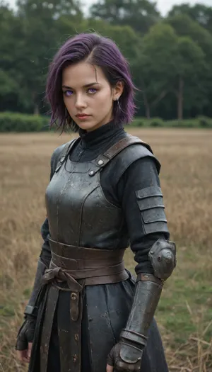 a necromancer samurai in the style of Frieren, anime, dark purple hair and accents on black armor, solo leveling style, with neon oni spirits around her, glowing eyes, in a farm field