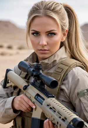 Ava, female soldier, slightly tanned, sniper, (military attire), (desert camouflage), long straight blonde hair in a ponytail, ((large breasts)), light makeup, (holding sniper rifle), action scene, close-up