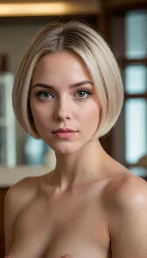 A medium shot of a young woman with short, light-colored hair, styled in a bob. She has a somewhat oval face, expressive eyes, and a neutral, slightly serious expression. she is full nude. sexy posing.

The background appears to be an indoor setting with modern, illuminated shelves or cabinets. The lighting is soft and ambient. This is an amateur recording. High detail, realistic, photographic.