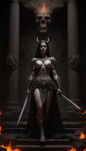 ---

🏛️ Scéna 3, "The Temple Beneath the Mountain"

Finale of the Skull Summit Trilogy

🗡️ ENGLISH PROMPT for Visual Generator, A high-contrast, monochrome fantasy scene deep underground. A massive ancient temple carved into the roots of the Skull Mountain, with bone pillars and molten lava flowing through carved channels in the floor. A stunning female barbarian queen descends the steps of the altar, her grayscale figure lit only by the glow of fiery red magical runes etched across her chest and arms – the only color in the image.

She holds a heavy warhammer, dragging it across the stone, sparks flying. Behind her, stone statues of forgotten gods crumble. Dozens of skeletal warriors kneel in silence, bound to her will. In the background, a massive throne awaits – made from fused bones and obsidian.

Mood, divine vengeance, dark majesty, epic decay.
Style, sword & sorcery, underground catacomb epic, Frazetta meets Doom.




---








---