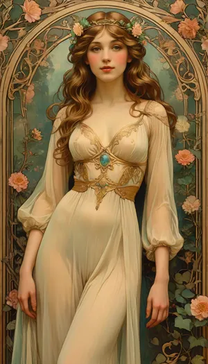 Rating_explicit, illustration of a beautiful woman in an art nouveau style garden, surrounded by blooming flowers and vines, semi-nude, dark triangular pubic hair, delicate floral crown, soft pastel colors, long wavy hair, serene and elegant expression, graceful pose, golden decorative elements around her, romantic and dreamy lighting, art nouveau background with ornate lines and natural curves, fine art photography, highly detailed, magical and ethereal atmosphere, soft focus on edges, style, of, Alphonse, Mucha, <lora:ac_neg1:.5>, <lora:tbh200-sdxl:.8>, ccxl-mucha, <lora:ccxl-mucha_lora_vA1:.8>