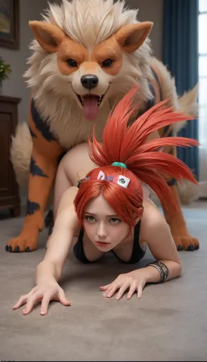 Flannery from Pokémon, 1 girl, on all fours, fucked by arcanine from pokemon, massive dog_cock