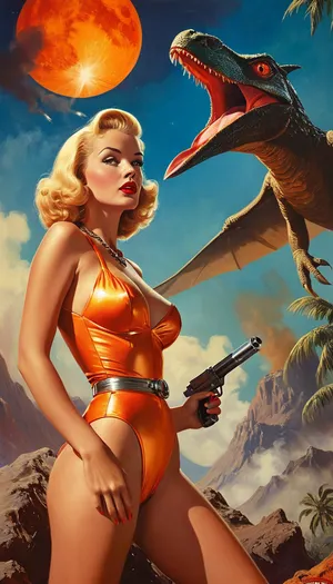 Rating_explicit, Retro 1950s sci-fi pulp magazine cover style, vivid colors, dynamic composition. A rugged space hero in a shiny, vintage-style spacesuit firing a raygun at attacking pterodactyls, standing heroically. Clinging to him is a frightened woman in a fur bikini, classic pin-up look. In the background, a volcano is erupting with smoke and lava. Tropical jungle setting, bright daylight sky with two moons of different sizes visible. Dramatic, cinematic lighting, painted illustration style, high detail, in the style of Frank R. Paul or Chesley Bonestell 4ng3l, kawaii makeup, supermodel, face, big, lips, <lora:RMSDXL_Enhance:.8>, <lora:MJ52:.8>, <lora:Beautify-Supermodel-SDXL:.8>